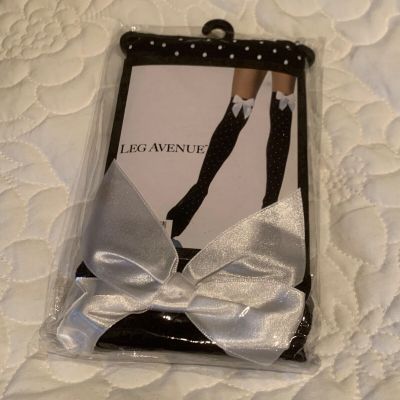 LEG AVENUE FRENCH MAID BLACK OPAQUE POLKA DOTS THIGH HIGHS with SATIN BOW - O/S